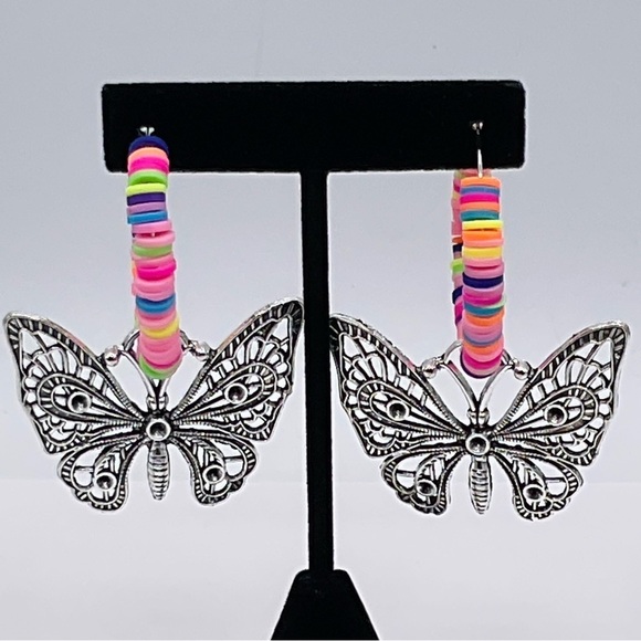 Butterfly Earrings Hoop Silver Tone Rainbow Heishi Boho Gift Jewelry Spring Colo - Picture 1 of 7